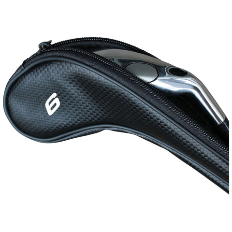 A sleek black golf club headcover is positioned at an angle showcasing its textured surface and a prominent number six indicating the club it protects. The zipper is partially open.