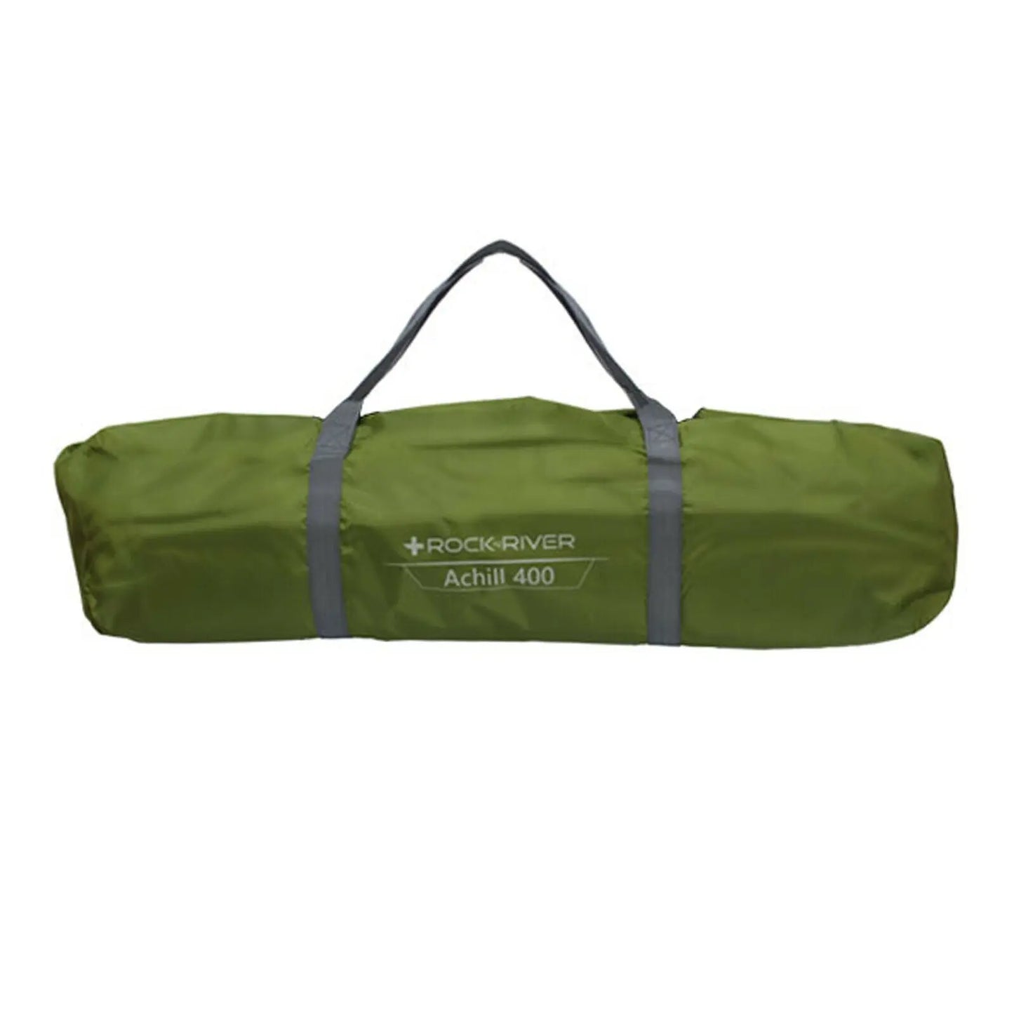 A green cylindrical carrying bag with gray straps is displayed horizontally. It is designed for outdoor use, likely holding a camping item, and is labeled Achill 400.