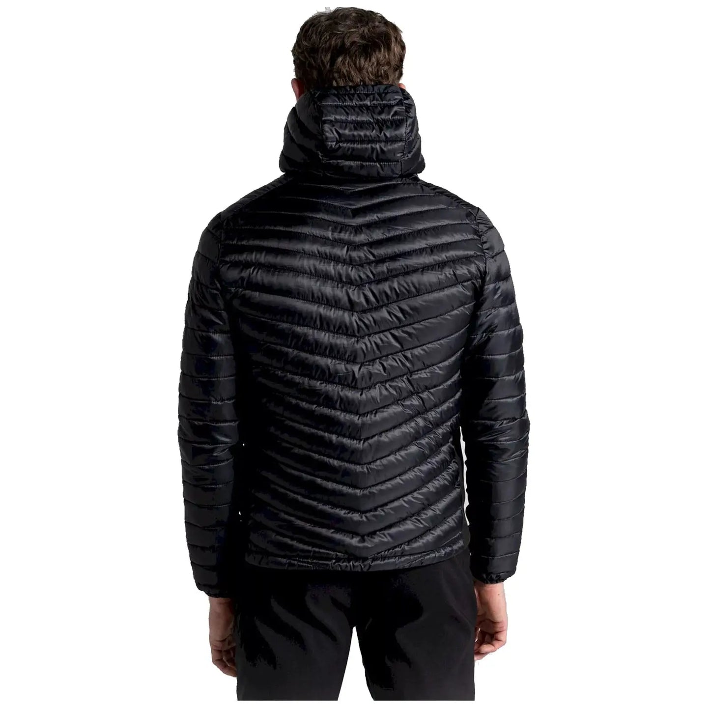 A person wearing a black puffer jacket is standing with their back facing the viewer the jacket features a chevron pattern and a high collar, set against a plain background.