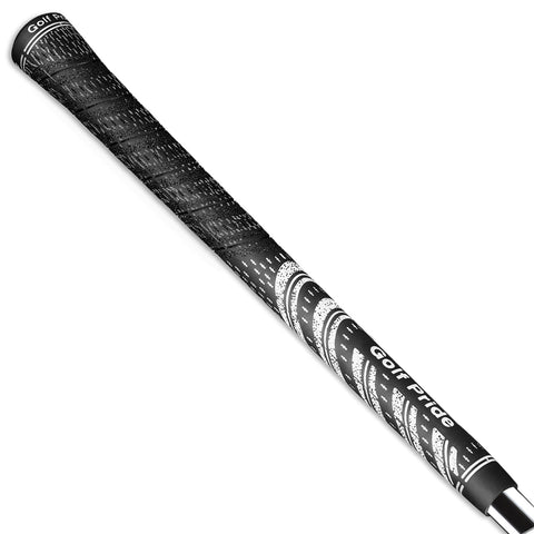 A black golf club grip with textured patterns is positioned diagonally against a white background showcasing the brand name Golf Pride prominently. The grip appears to be new and well-designed.
