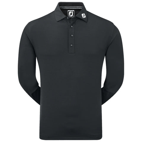 A long-sleeved black polo shirt is displayed with a collar and a buttoned front. The shirt features a logo on the collar and is evenly lit against a neutral background.
