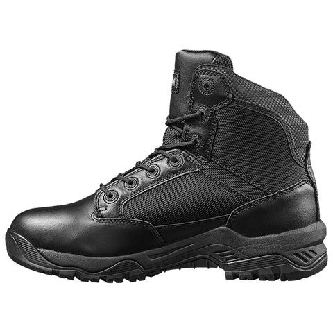 A black tactical boot is displayed in a side view showcasing its sturdy design and rugged sole meant for outdoor and tactical activities on various terrains.