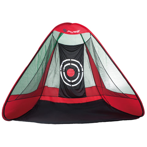 A red and black target net with a circular target design is set up for training purposes in an outdoor environment allowing for practice drills or target shooting activities.