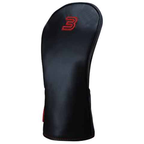 A black golf headcover stands upright showcasing a sleek design with a prominent red logo number three it is designed to protect a golf club head in a typical outdoor golfing context.