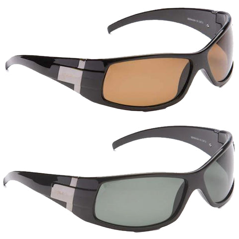 Two pairs of sunglasses are displayed with distinct tinted lenses one pair has brown lenses and the other has green lenses both feature a sleek black frame and tinted arms