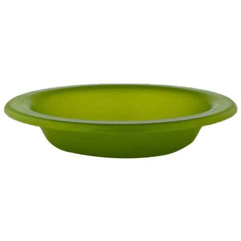 A green plate sits flat on a surface showcasing a smooth, rounded design and a slightly raised rim designed for holding food or other items in a casual dining context.