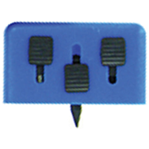 A blue plastic tool has three black switches arranged on its surface with a pointed tip below them suggesting it is used for making selections or adjustments in a device or system.