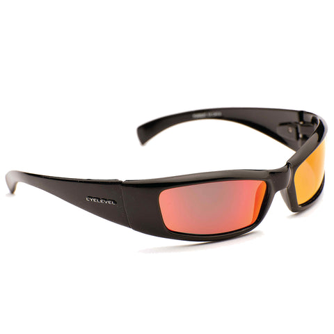 Sunglasses with a sleek black frame and gradient orange lenses rest on a white surface designed to protect eyes from sunlight rays and enhance visibility in bright conditions.