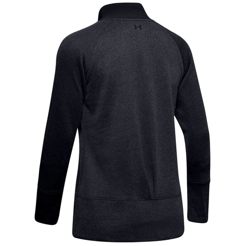 A dark long-sleeved athletic sweatshirt with a high collar is displayed from the back, featuring a textured fabric and a small logo at the neck, suitable for training or casual wear.