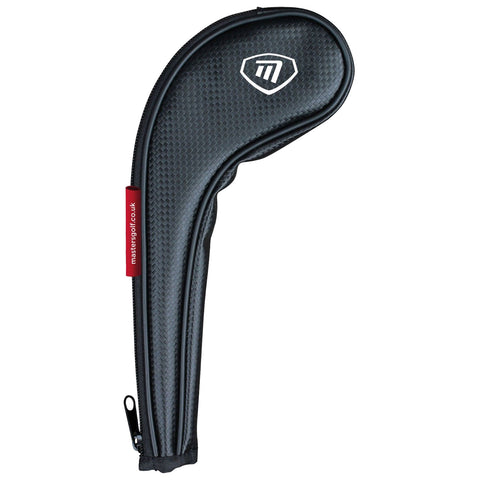 A black golf club head cover is displayed featuring a sleek design with a textured surface and a zipper on one side for securing the club inside. A small tag is attached.