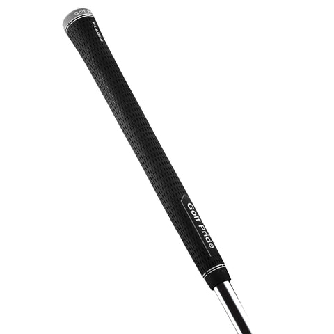 A black golf grip is displayed, designed for enhanced comfort and control, highlighting a textured surface to improve player grip during swings, set against a plain white background.