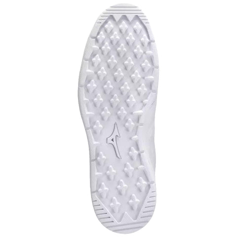 A white shoe sole with a textured pattern is presented. It appears to be designed for traction, suitable for sports or outdoor activities. The background is plain.