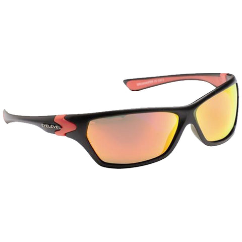 Sunglasses with a black and red frame feature mirrored yellow lenses designed to offer UV protection while being suited for outdoor activities against bright sunlight.