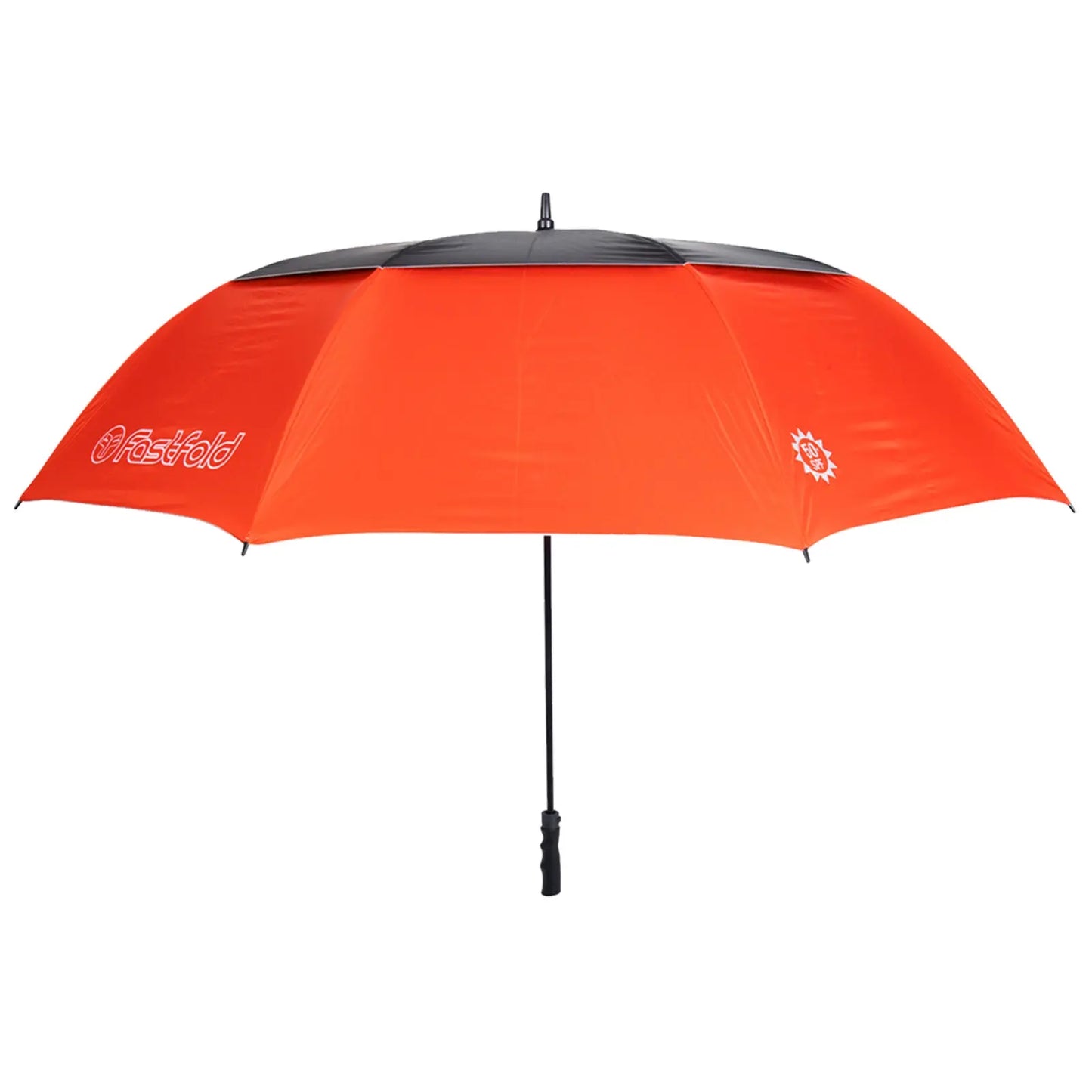 A large red and black umbrella is open with its curved canopy facing upward providing shade or shelter in a bright environment. The handle is black and prominent.