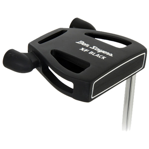 A black putter head rests upright featuring a smooth surface with grooves and two grips on the sides designed for golf use in a playing environment.