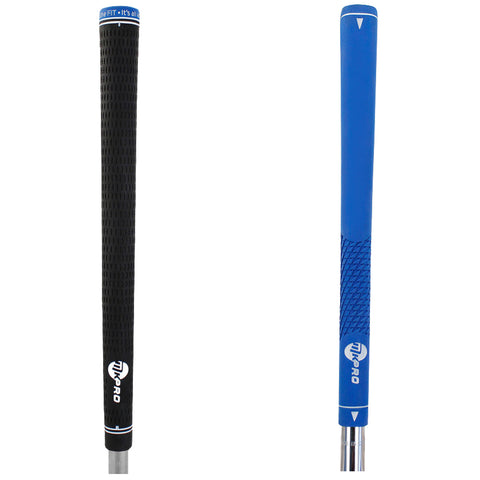 Two golf grips are displayed side by side the left grip is black with a textured surface and logo while the right grip is blue with a smooth texture and a logo at the bottom