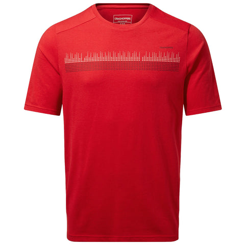 A red short-sleeve t-shirt features a graphic pattern resembling sound waves across the chest showcasing a sporty design suitable for casual or active wear.