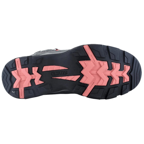A shoe sole features a patterned black rubber base with bright pink accents. It is designed for traction and grip, suitable for outdoor activities on various terrains.