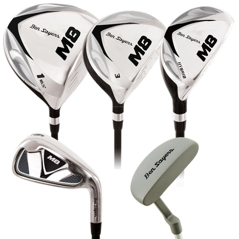 Four golf clubs are displayed including a driver a fairway wood a hybrid and an iron with a putter nearby all featuring the Ben Sayers brand and an M6 designation