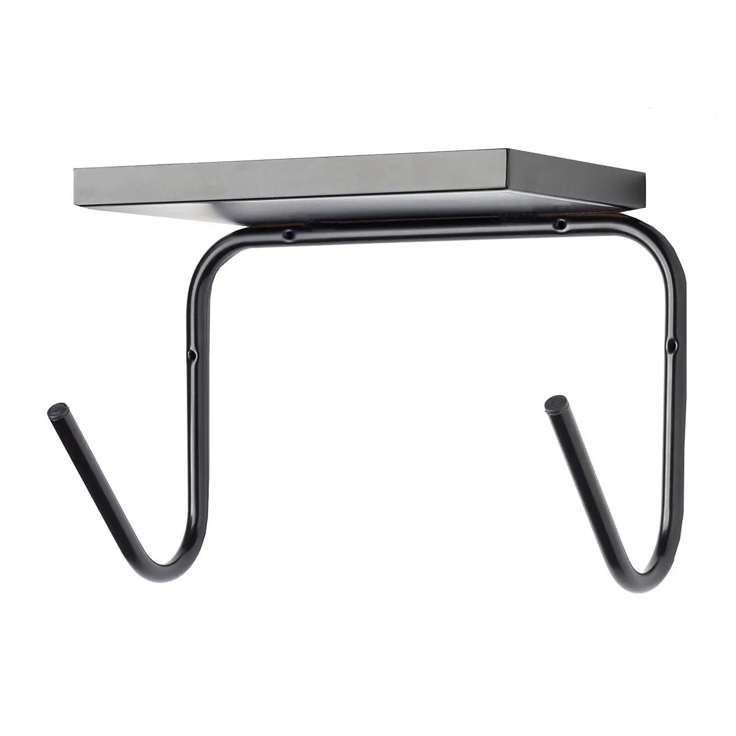 A black metal shelf is mounted on a curved bracket with two hook-like extensions below. It is designed for holding items while providing hanging space beneath in a minimalist setting.
