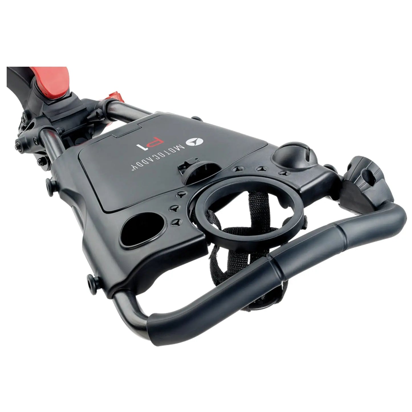 A black and red apparatus features a central platform with holes for accessories a handle on the side and a circular attachment point used in a mobility context.