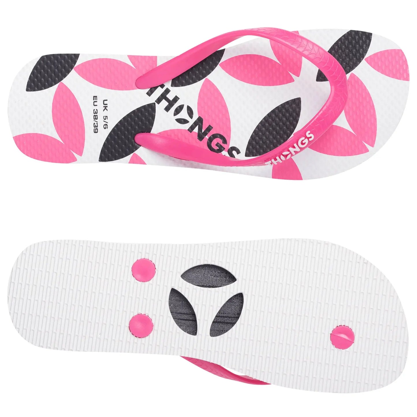 A pair of flip-flops displays a colorful design featuring pink and black floral patterns on a white background while the underside has a textured surface with circular indentations for grip.