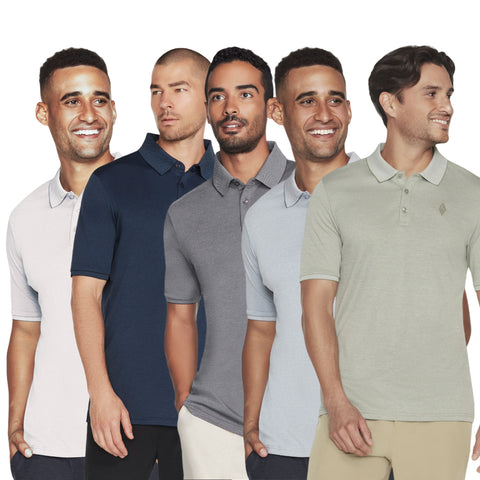Skechers Mens Off Duty Polo Shirt M3TO45 Five men stand side by side wearing different colored polo shirts. Each man has a unique expression ranging from smiling to serious. The background is plain and white.