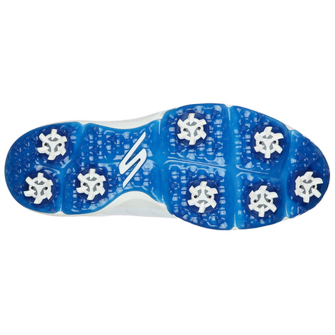 A sports shoe sole features white studs on a blue textured base showcasing a sleek design with a logo indicating brand identity situated at the midsection of the sole