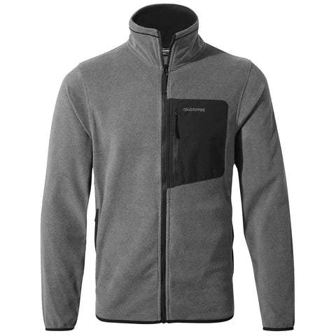 A dark fleece jacket with a high collar has a zippered front and a single black chest pocket, suitable for outdoor activities or casual wear.