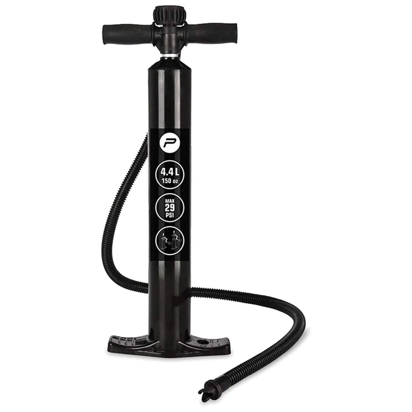 A manual air pump stands upright with a black cylindrical body and a handle on top for gripping. A flexible hose extends from the pump, ready for inflating items.