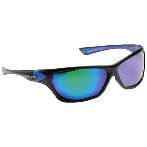 Sunglasses with a sleek black frame and green-blue mirrored lenses resting on a white background designed for outdoor visibility and style.