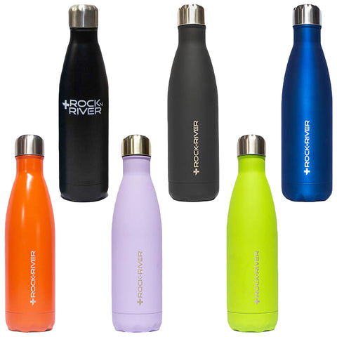 A collection of six insulated water bottles in various colors stands upright. Each bottle features a metallic screw-on lid and the logo ROCK RIVER prominently displayed.