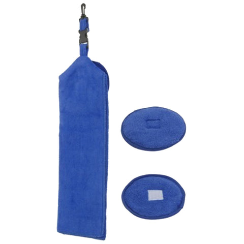 A blue microfiber cleaning pad with a strap is positioned vertically alongside two smaller round pads designed for cleaning purposes in a plain background.