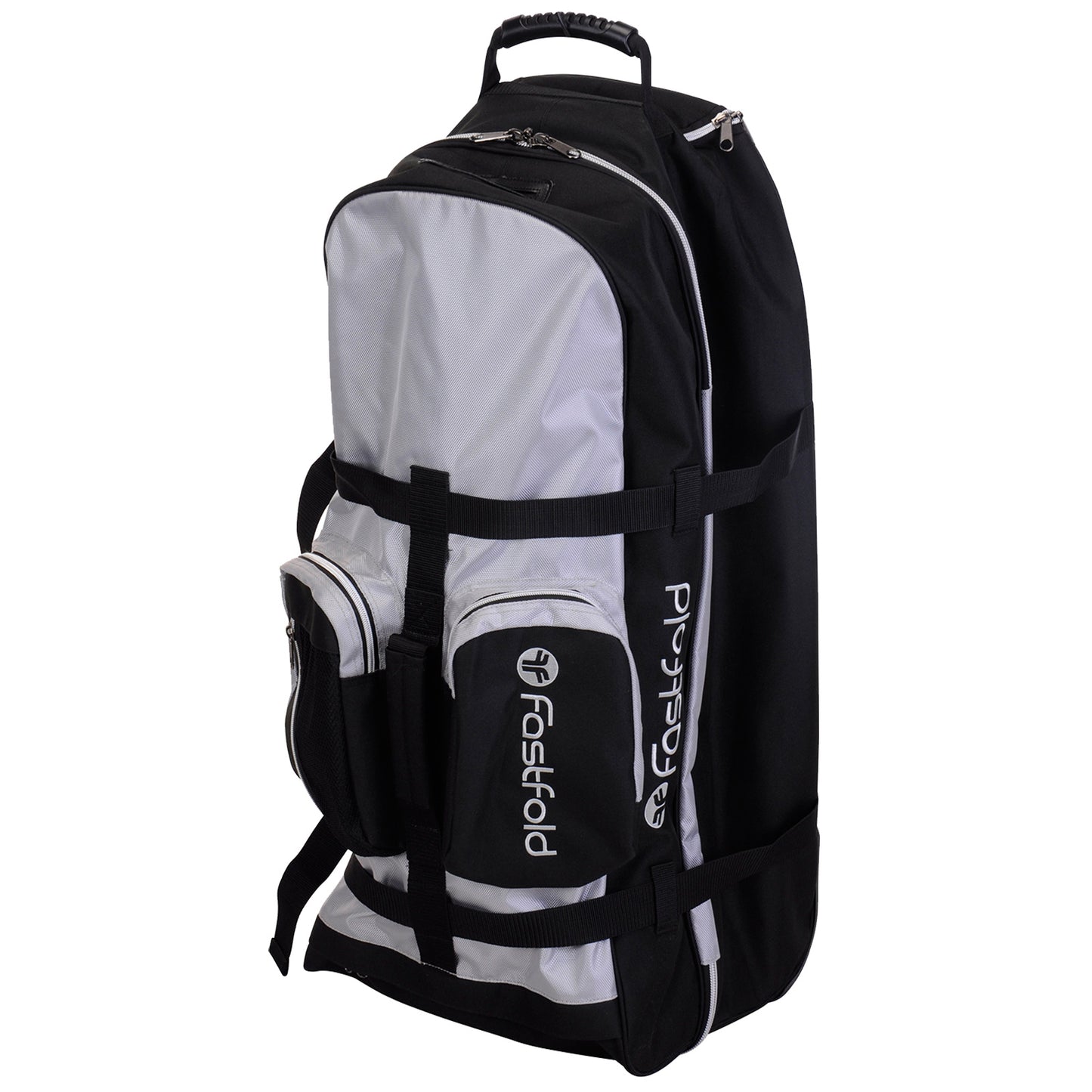 A large black and silver backpack stands upright displaying various compartments and zippers designed for storage and organization in a travel or outdoor setting.