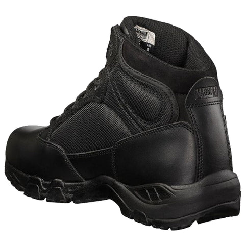 A black high-top boot stands upright featuring a mix of leather and mesh materials showcasing a sturdy construction designed for support and durability suitable for outdoor or work environments.