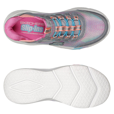 A pair of Skechers slip-on shoes features a multicolored mesh upper with gray and pink tones designed for comfort showcasing a patterned white rubber sole for traction.