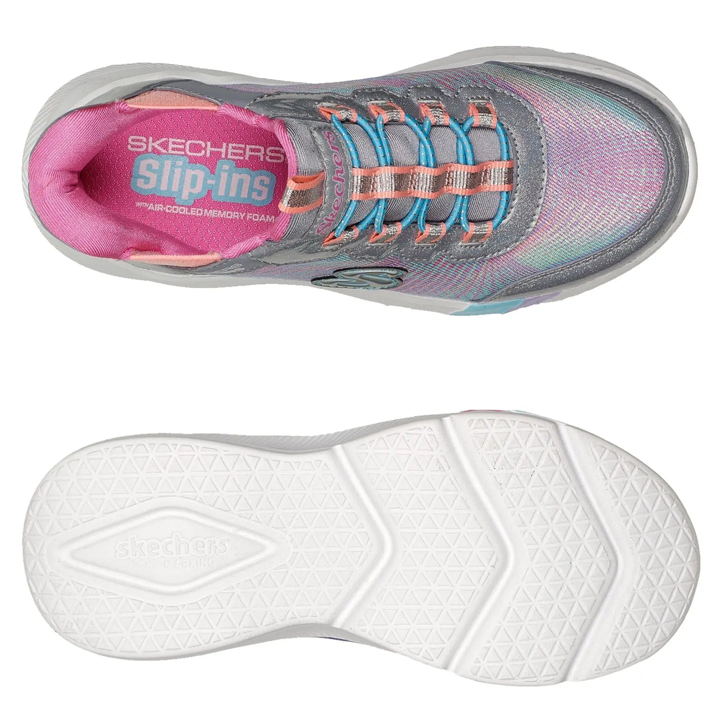 A pair of Skechers slip-on shoes features a multicolored mesh upper with gray and pink tones designed for comfort showcasing a patterned white rubber sole for traction.