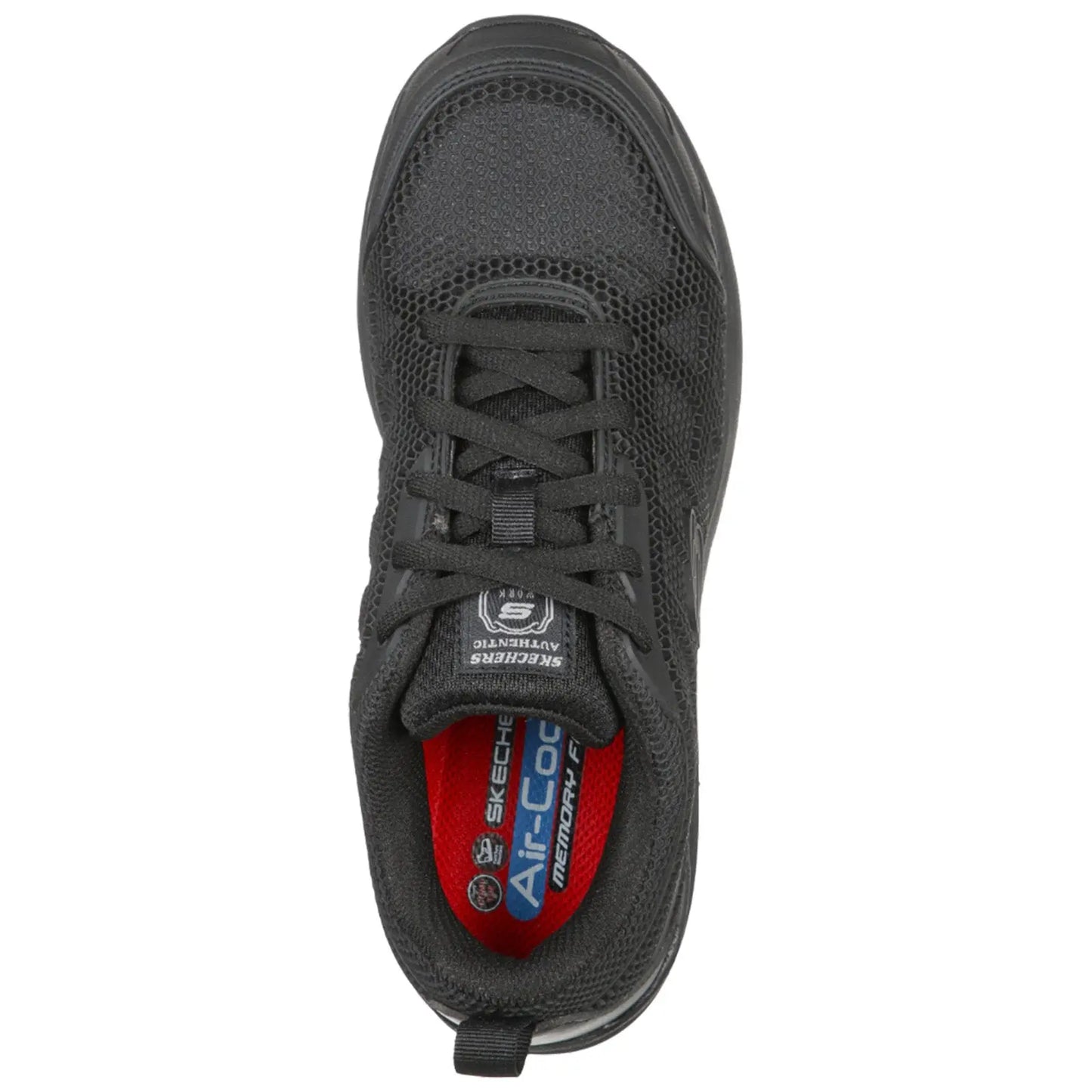A black athletic shoe with a mesh upper sits stationary showcasing its laces and cushioned interior designed for comfort and support in active settings.