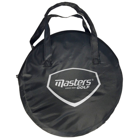 A round black golf bag with dual handles sits upright displaying the logo "masters GOLF" with "since 1990" below indicating it is a sports equipment item used for carrying golf clubs.