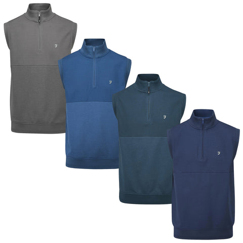 Four sleeveless zippered sweatshirts are displayed in a line showcasing different shades of gray and blue with a small logo on each chest area.