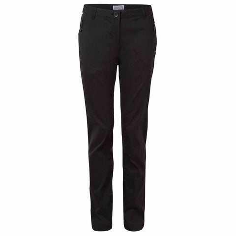 Black trousers are displayed vertically with a button at the waistband and two side pockets showcasing a sleek, fitted design on a plain white background.