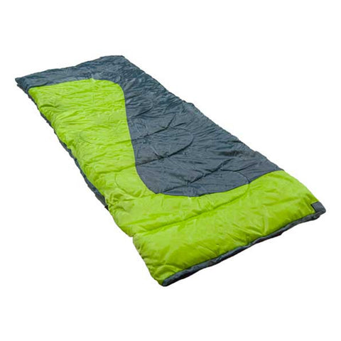 A sleeping bag is spread out flat with a green portion and a gray portion visible featuring stitched patterns providing insulation for warmth during camping or outdoor activities