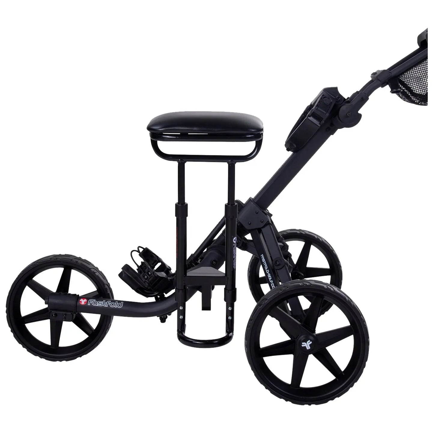 A black, three-wheeled golf cart with a seat and a handle is positioned upright; it appears designed for transporting golf clubs and provides a stable platform for ease of movement.