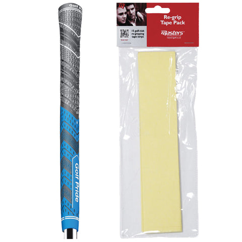 A golf grip is displayed upright on the left featuring a textured design in gray and blue while on the right a package labeled Re-grip Tape Pack contains several yellow tape strips for golf club re-gripping.