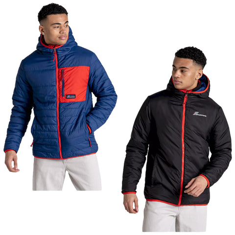 Two young men stand side by side wearing puffer jackets. One wears a blue jacket with a red pocket while the other wears a black jacket with red accents.