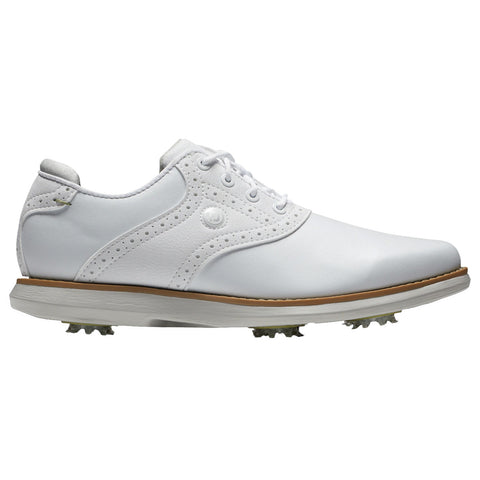 A white golf shoe with a smooth leather surface features perforated designs and a rubber sole with spikes for traction on golf courses, set against a plain background.
