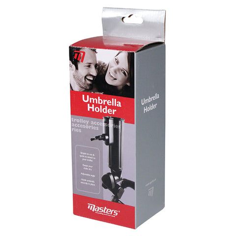 A box containing an umbrella holder is displayed showing its features and usage instructions. The holder is designed for strollers and is aimed at keeping items dry while securely holding an umbrella.