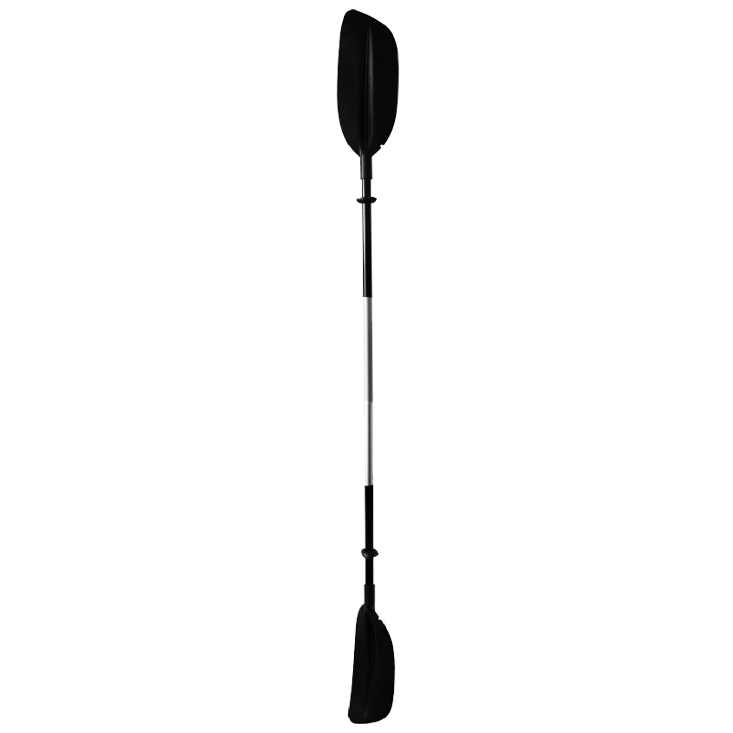 A black kayak paddle stands upright with two wide blades at each end. The paddle is made of a combination of black and silver materials. It is set against a plain white background.