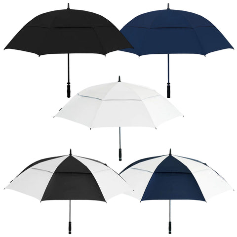 Five umbrellas in varying colors black dark blue white and a combination of black and white are displayed upright against a neutral background showcasing their design and structure.