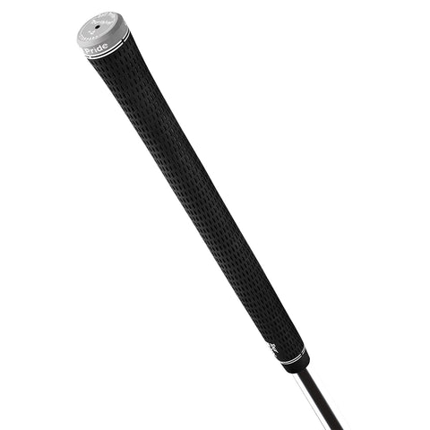 A black golf club grip is vertically positioned showing its textured surface and metal shaft reflecting light suggesting it is either new or well-maintained ready for use in a game